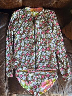 Maaji Girls reversible Floral Zip Rashguard Set - Pink, White & Green